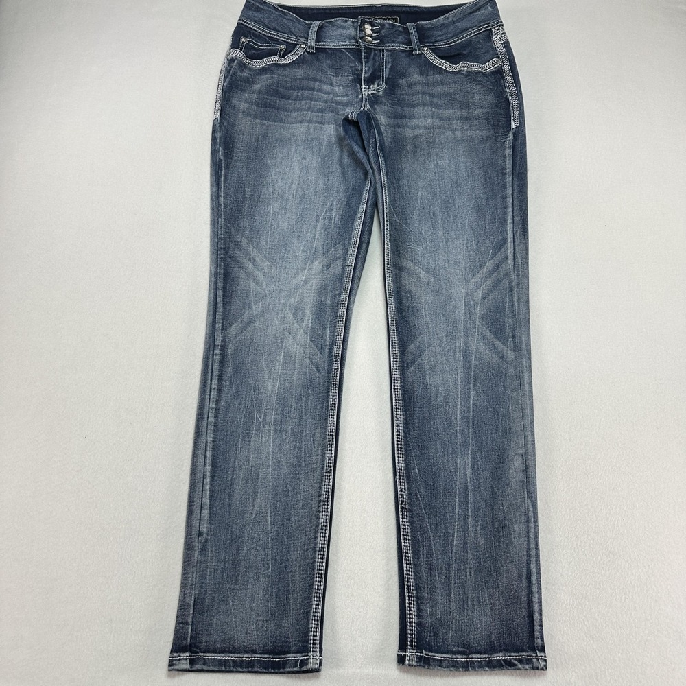 Cato Premium Jeans Womens 14 Blue Mid Rise Straight Stretch Embellished Denim